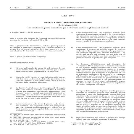 Unione Europea – Direttiva 2009/71/ Euratom sicurezza impianti nucleari