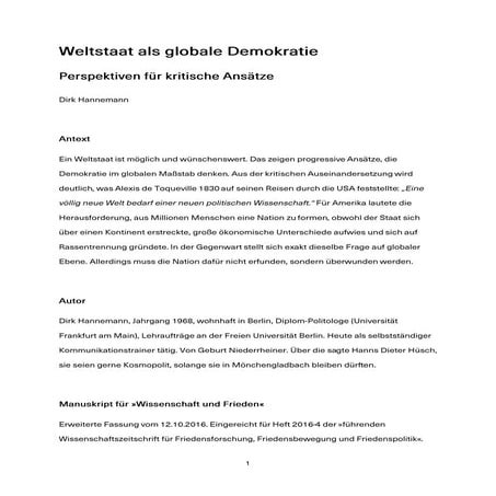 Demokratischer Weltstaat. Perspektiven für kritische Ansätze