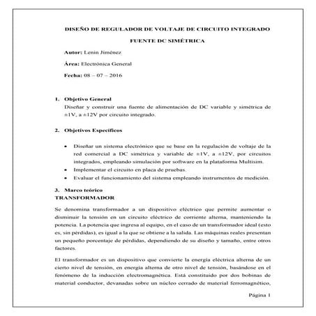Diseño de regulador de voltaje de circuito integrado - Fuente DC simétrica