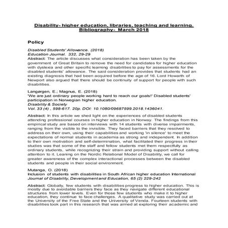 Disability- higher education, libraries, teaching and learning bibliography m...
