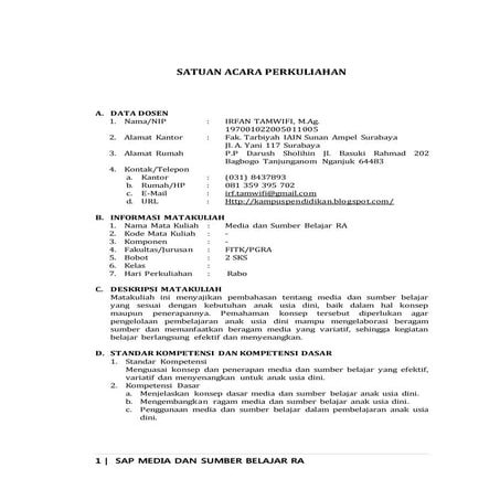 SAP MATAKULIAH MEDIA DAN SUMBER BELAJAR RA