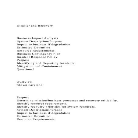 Disaster and RecoveryBusiness Impact AnalysisSystem .docx