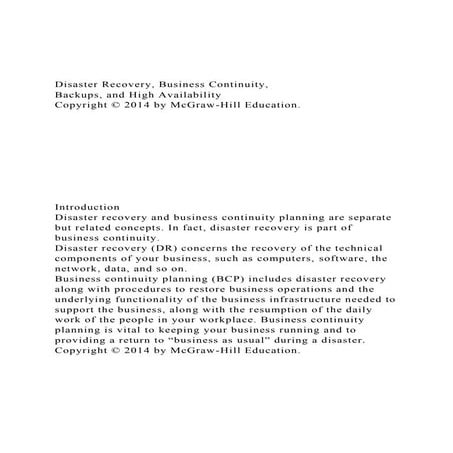 Disaster Recovery, Business Continuity, Backups, and High Av.docx