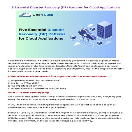 5 Essential Disaster Recovery (DR) Patterns for Cloud Applications