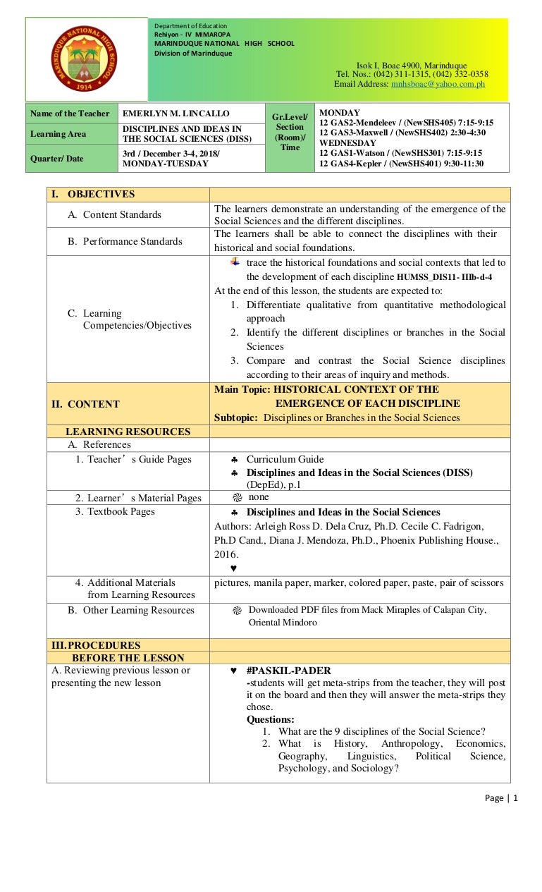 Lesson Plan Disciplines or branches of social sciences