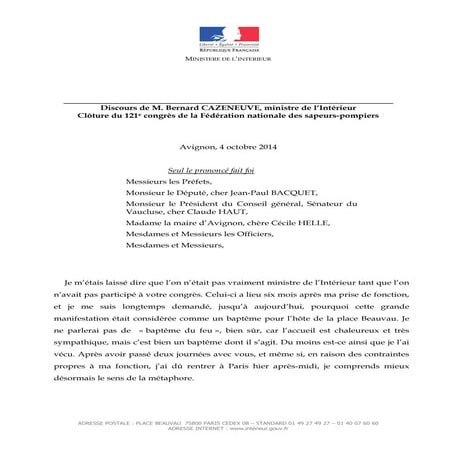 Discours Bernard Cazeneuve congrès 2014 fnspf