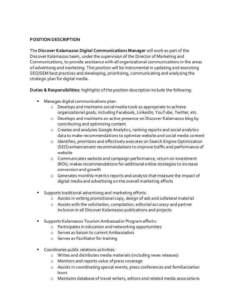job description discover kalamazoo digital communications manage u2026 job description discover kalamazoo digital communications manage u2026