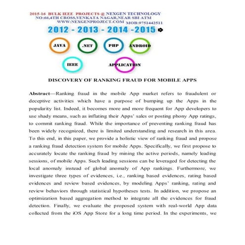 DISCOVERY OF RANKING FRAUD FOR MOBILE APPS - IEEE PROJECTS IN PONDICHERRY,BUL...