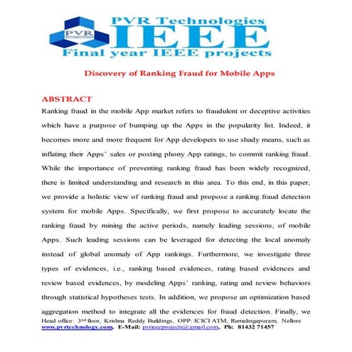 Discovery of ranking fraud for mobile apps