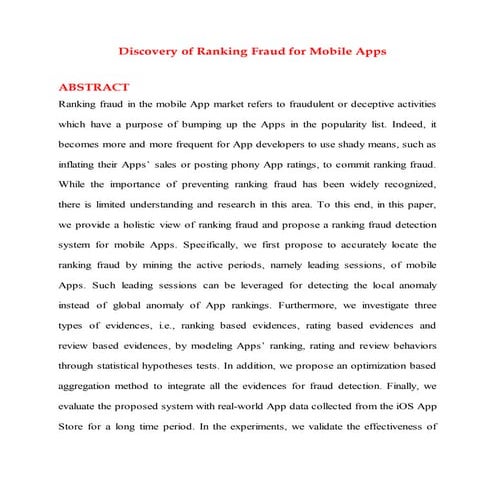 Discovery of ranking fraud for mobile apps