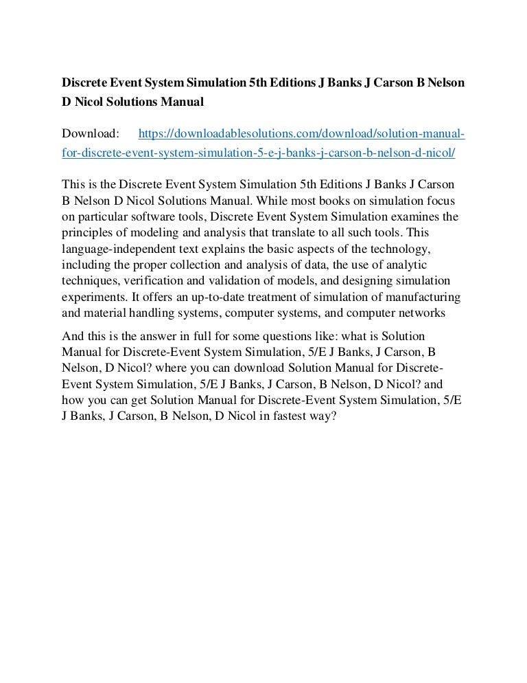 Discrete Event System Simulation 5th Editions J Banks J Carson B Nels…