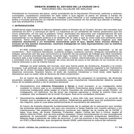 Discurso del alcalde de Málaga en el Debate sobre el Estado de la ...