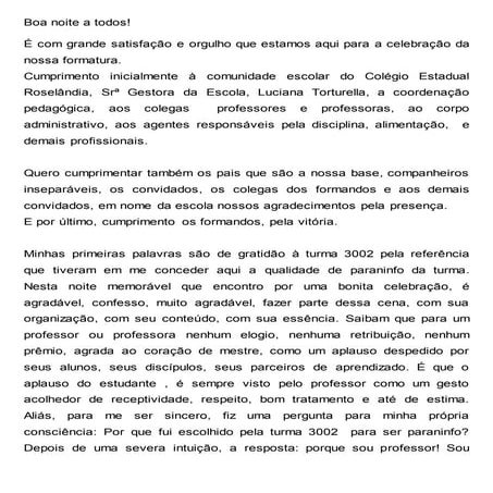 DISCURSO DE CONCLUSÃO DO ENSINO MÉDIO - Prof. Noe Assunção