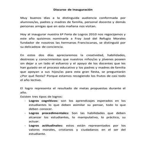 Discurso de inauguración