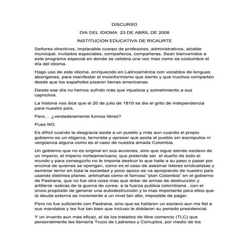 Discurso dia del idioma 23 de abril de 2008