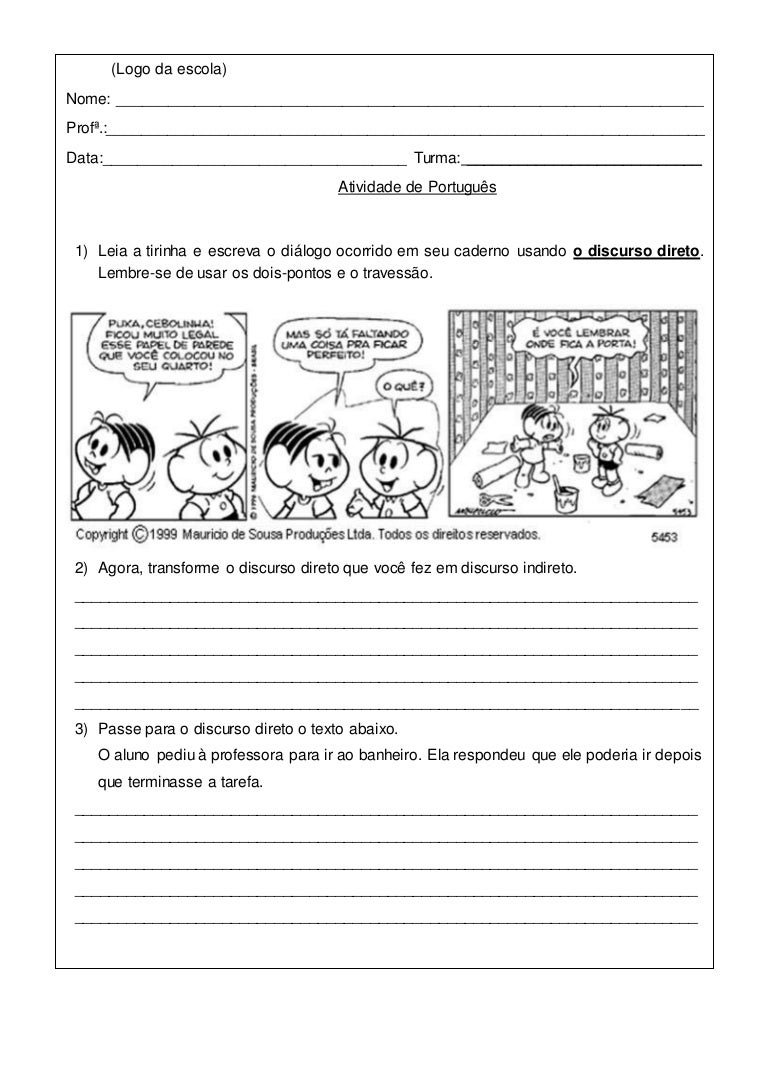 Discurso Direto E Indireto Exercicios Com Tirinhas