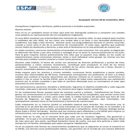 Discurso MBA, Enrique Pérez, Medalla de oro y diploma de honor, EMAE Promoción XV