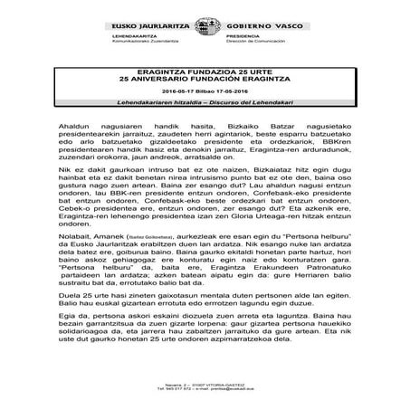 Discurso del lehendakari - 25 aniversario Fundación Eragintza | PDF