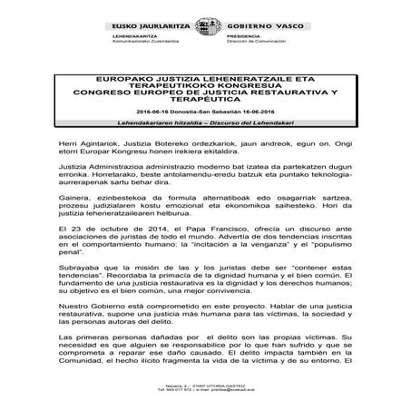 Lehendakariaren hitzaldia - Europako Justizia Leheneratzaile eta Terapeutikok...