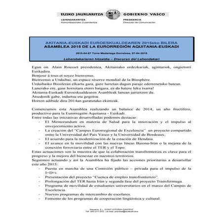 Lehendakariaren hitzaldia - Akitania-Euskadi Euroeskualdearen 2015eko bilera 
