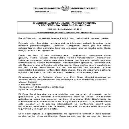 Lehendakariaren hitzaldia - Munduko landagunearen V. konferentzia 