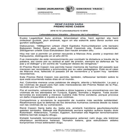 Lehendakariaren hitzaldia - Premio René Cassin