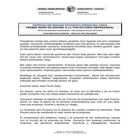 Lehendakariaren hitzaldia - Enpresa-ibilbideari Españako Erresuma Saria 
