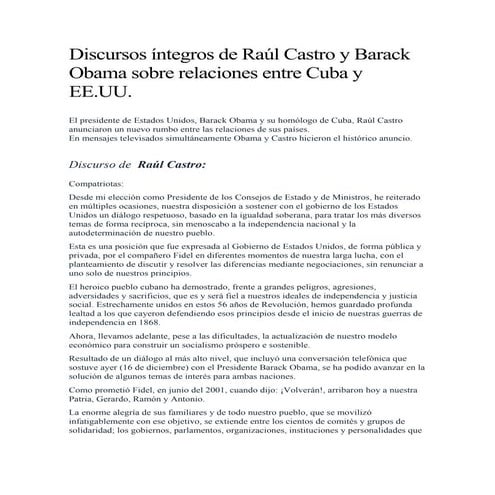 Discursos íntegros de Raúl Castro y Barack Obama sobre relaciones entre Cuba ...