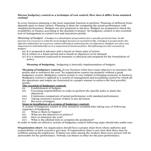 Discuss budgetary control as a technique of cost control