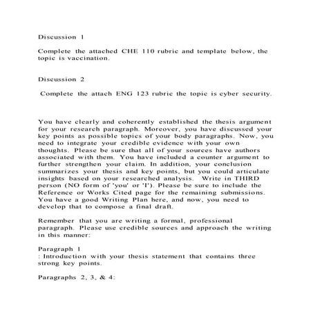 Discussion 1 complete the attached che 110 rubric and template be