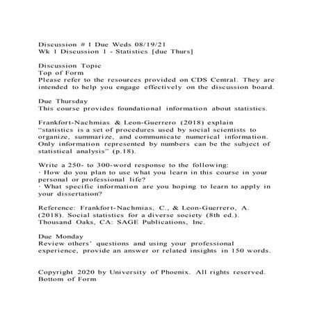 Discussion # 1 Due Weds 081921Wk 1 Discussion 1 - Statistics [