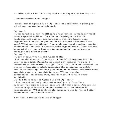 Discussion Due Thursday and FInal Paper due Sunday Communi.docx