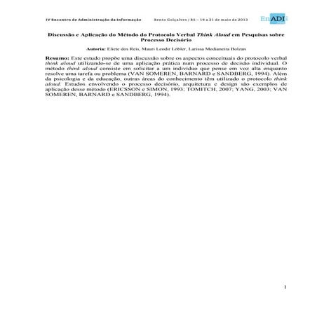 Discussão e aplicação do método do protocolo verbal