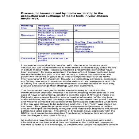 Discuss the issues raised by media ownership in the production and exchange of media texts in your chosen media area