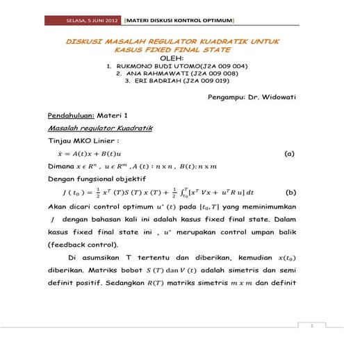 Diskusi masalah regulator kuadratik untuk