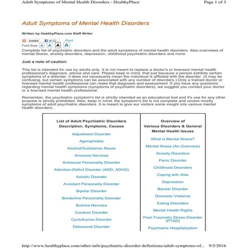 Adult Symptoms of Mental Health Disorders