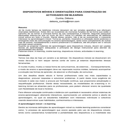 DISPOSITIVOS MÓVEIS E ORIENTAÇÕES PARA CONSTRUÇÃO DE ACTIVIDADES EM MLEARNIG 