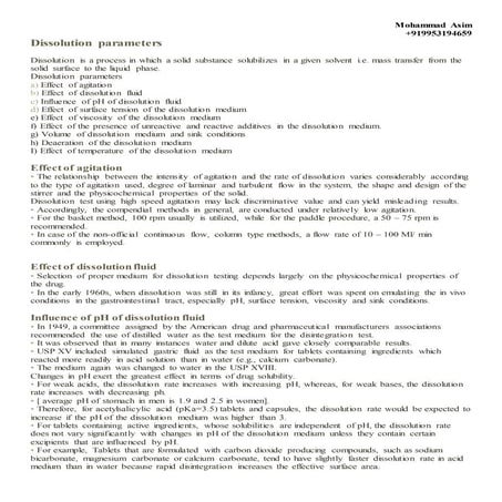 Dissolution parameters of a dosage form