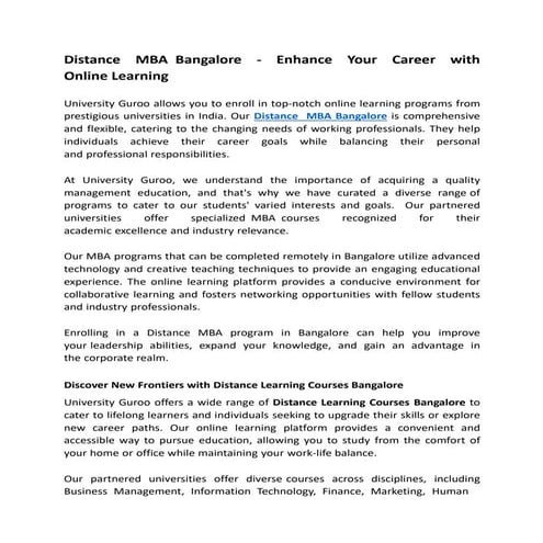Distance MBA Bangalore - Enhance Your Career with Online Learning