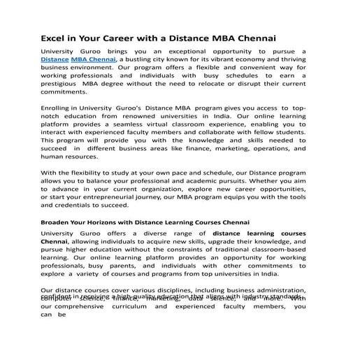 Excel in Your Career with a Distance MBA Chennai