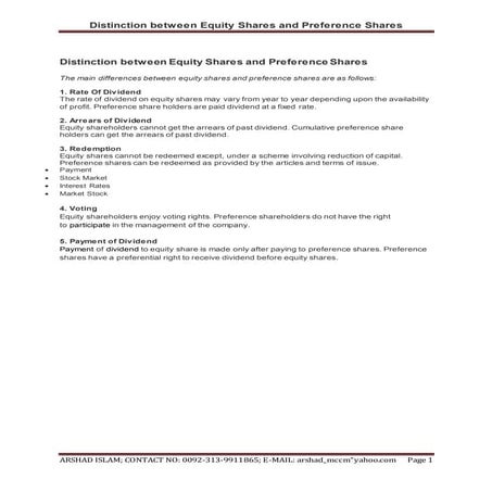 Distinction between equity shares and preference shares