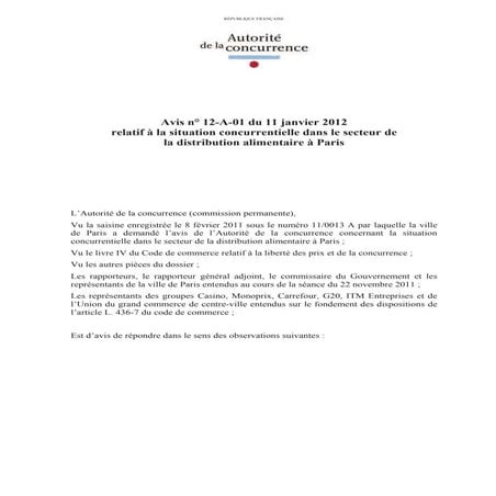 Distribution alimentaire-à-paris-avis-autorité-concurence-11-01-2012
