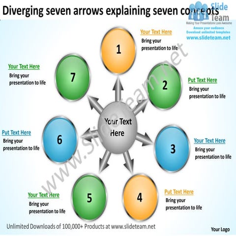 Diverging seven arrows explaining concepts diagram software power point slides