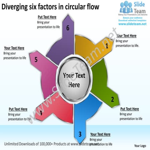 6 stages flow diverging process arrows circular layout diagram power ...