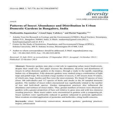 Article sur la diversité des insects en milieu urbain