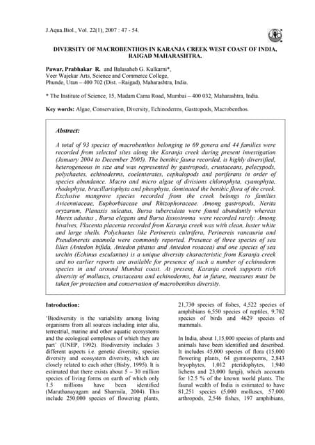 Diversity of macrobenthos in karanja creek