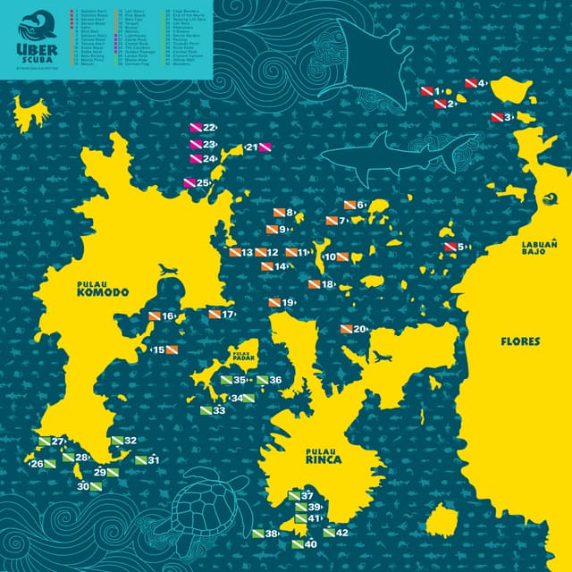 Dive Komodo - Komodo National Park Dive Site Map - uberscubakomodo.com