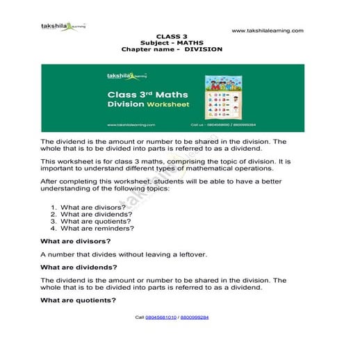 Division Worksheet for Class 3 Maths