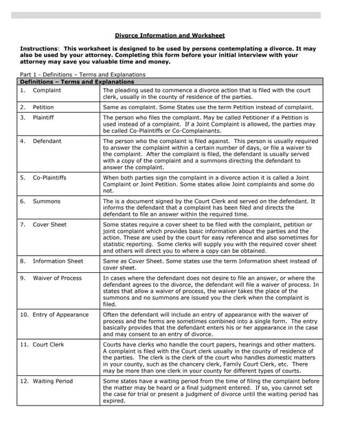 Divorce finance worksheet
