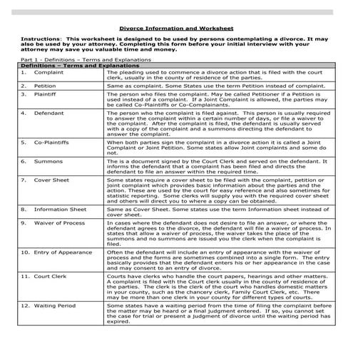Divorce information and worksheet